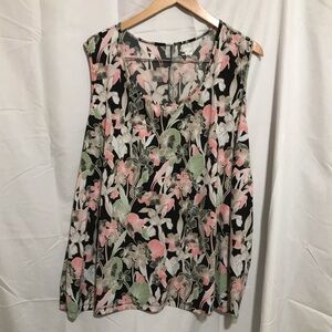 Catherines 4X 30/32W Sleeveless Floral Print Top - Black with Pink & Green Shirt
